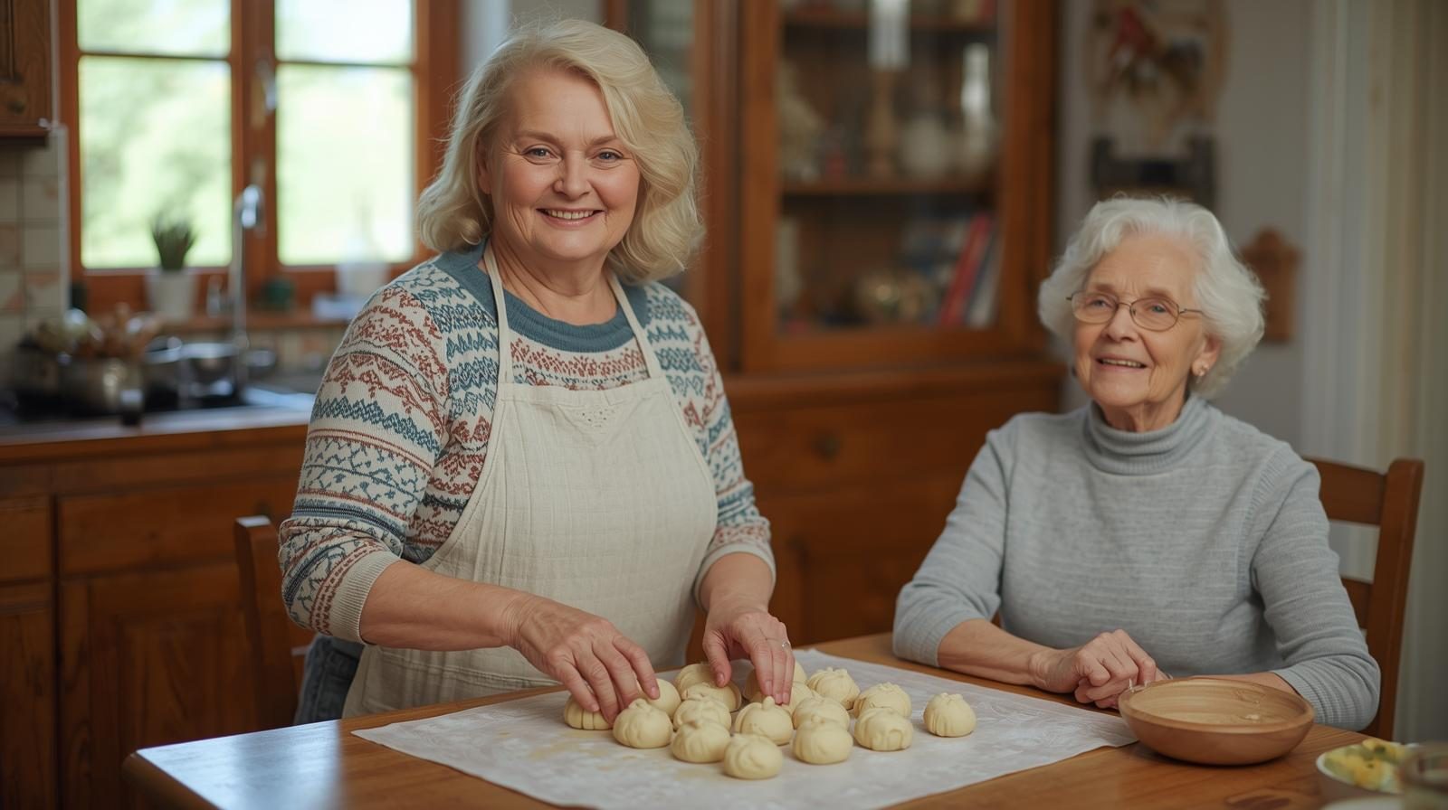 Betreuungskraft und Seniorin backen gemeinsam in der Küche